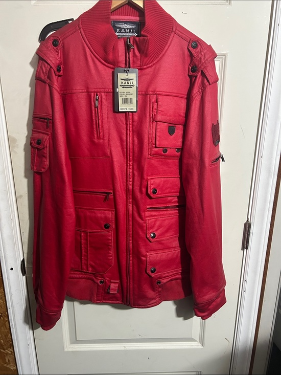 Kanji Jackets & Blazers - Red Utility Jacket with Multiple Pocket Details men not women’s OLI
